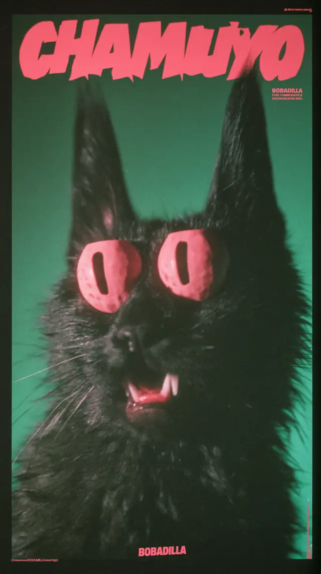 Afiche de CHAMUYO: gato negro con ojos rosas bajo el wordmark en tipografía de graffiti